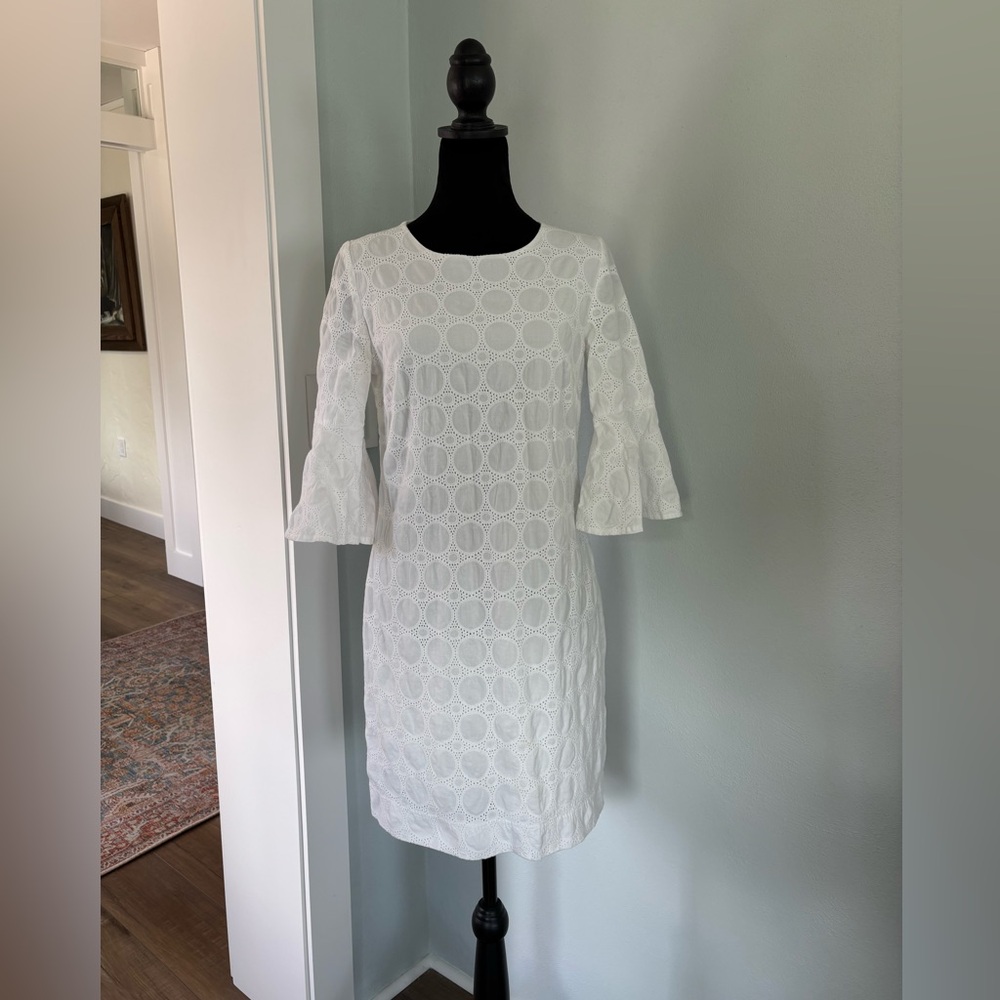 J. Crew trumpet sleeve eyelet shift dress XS white.